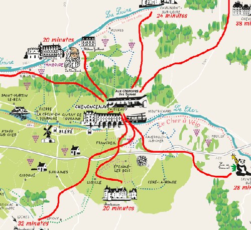 Carte des chateaux de la loire a une demie heure de la maison d'hotes