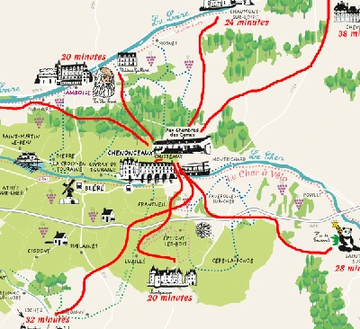 Carte des châteaux de la loire a une demie heure de la maison d'hotes